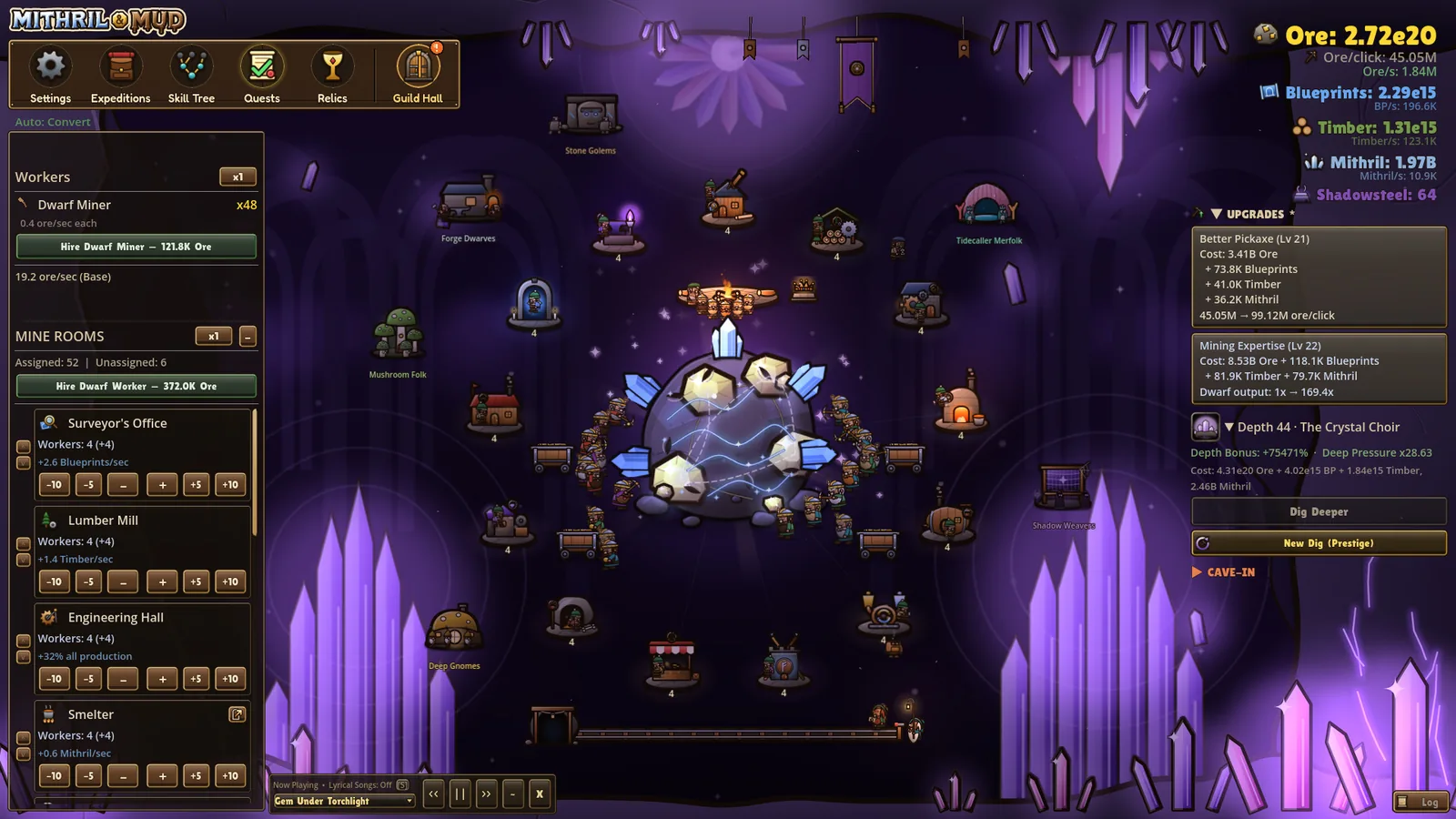 The hold in the Crystal Choir biome, with purple crystal spires around the ore vein