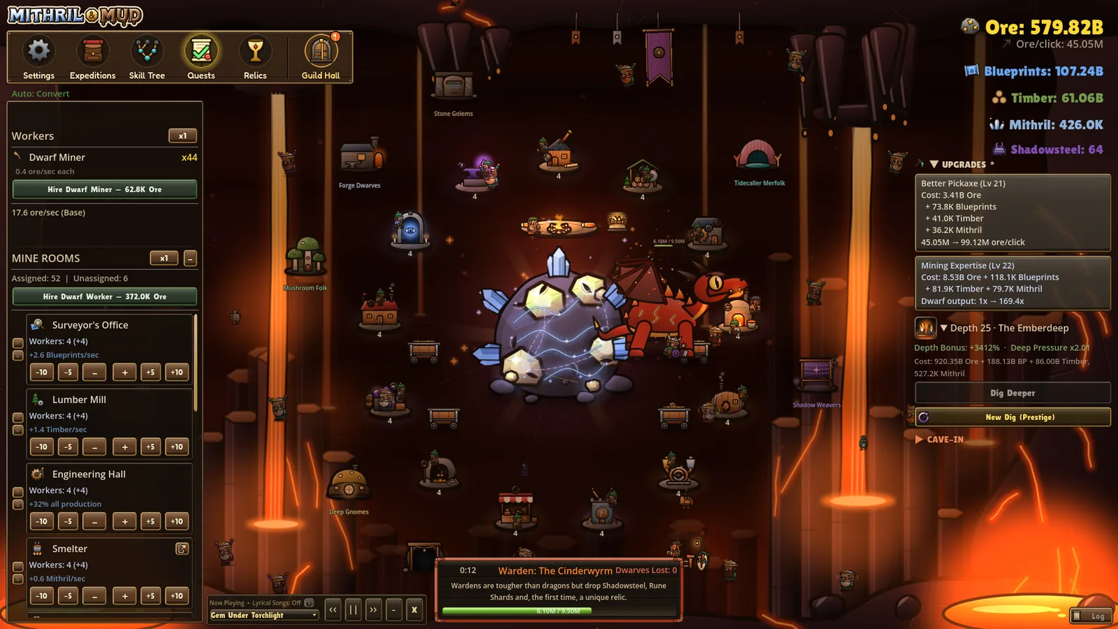 A Warden boss fight in the Emberdeep biome, with lava pools and a fire glow
