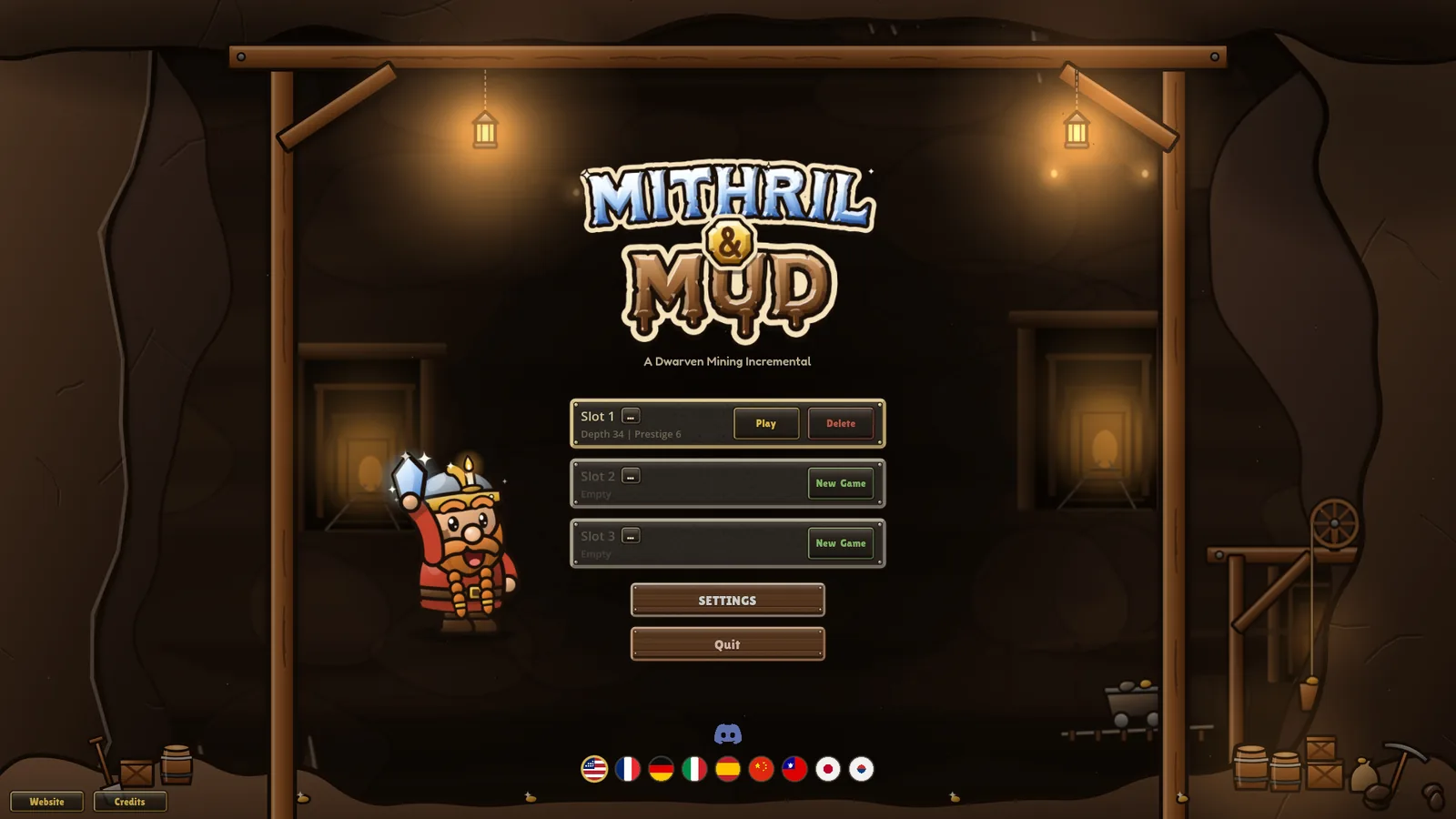 The title screen with Pip the dwarf next to the save slots