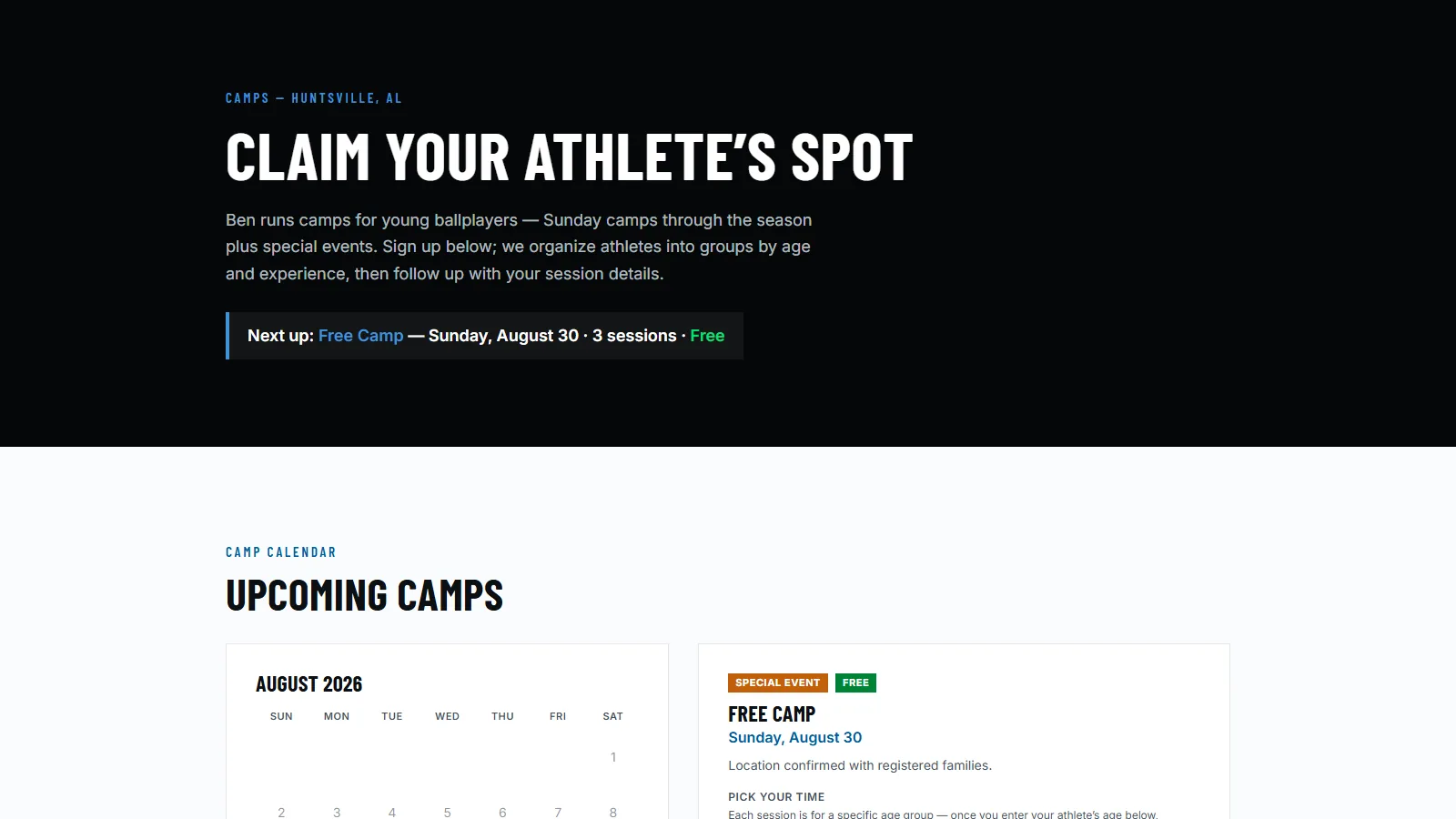 Camp listing page with dates, age groups and an enroll button