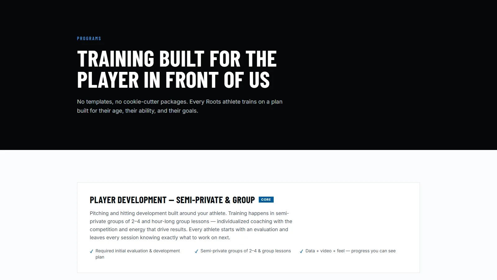 Programs page describing the training tracks on offer