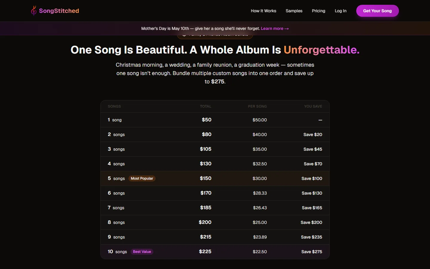 Bundle pricing table showing discounts for two to ten songs