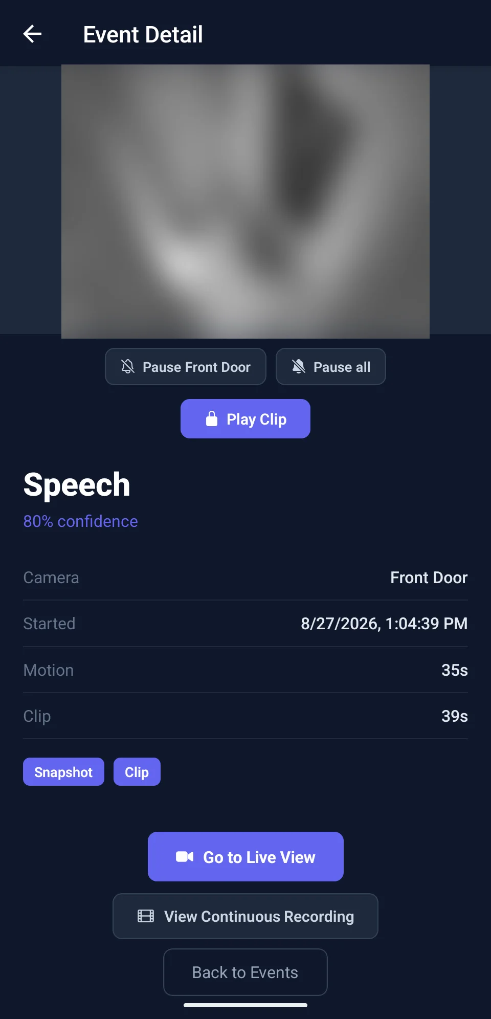 Event detail for a front door detection with play clip and live view buttons