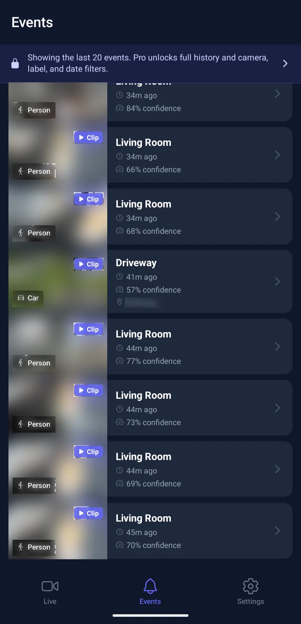 Events list with person and car detections, confidence scores and clip badges